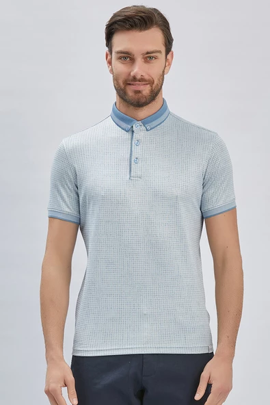 Koyu Mavi Desenli Merserize Düğmeli Yaka Pamuklu Casual Slim Fit Dar Kesim Tişört 1011240161 - 2