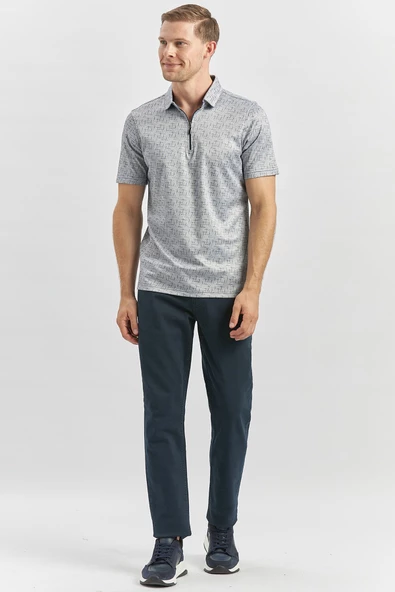 Koyu Lacivert Desenli Merserize Polo Yaka Pamuklu Casual Slim Fit Dar Kesim Tişört 1011240159 - Resim 2