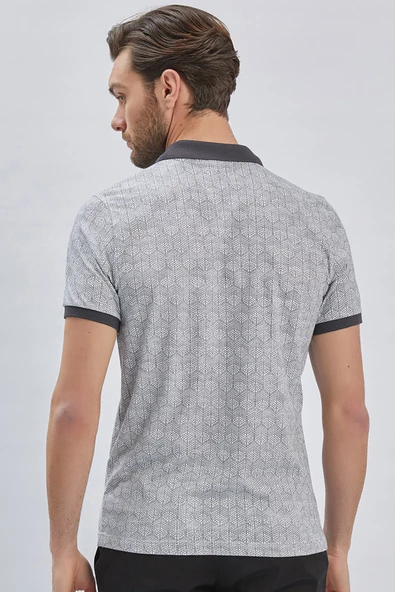 Koyu Antrasit Baskılı Pike Polo Yaka Pamuklu Likralı Casual Slim Fit Dar Kesim Tişört 1011240158 - Resim 5