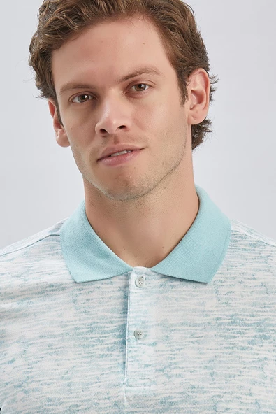 Koyu Mavi Baskılı Pike Polo Yaka Garnili %100 Pamuk Casual Slim Fit Dar Kesim Tişört 1011240157 - Resim 6