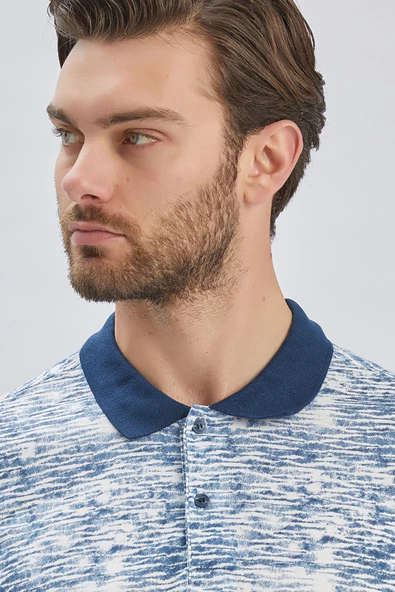 Lacivert Baskılı Pike Polo Yaka Garnili %100 Pamuk Casual Slim Fit Dar Kesim Tişört 1011240157 - Resim 7