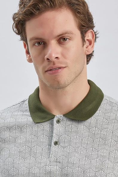 Koyu Haki Baskılı Pike Polo Yaka Pamuklu Likralı Casual Slim Fit Dar Kesim Tişört 1011240158 - Resim 6