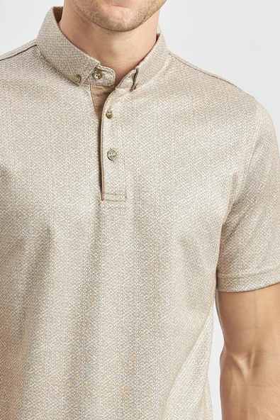 Bej Desenli Merserize Düğmeli Yaka Garnili Pamuklu Casual Slim Fit Dar Kesim Tişört 1011240164 - Resim 4