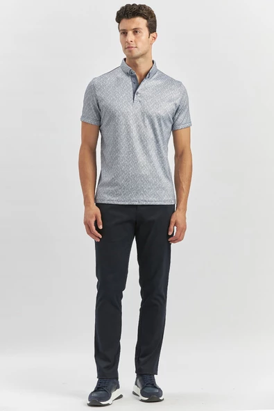 Koyu Lacivert Desenli Merserize Düğmeli Yaka Pamuklu Casual Slim Fit Dar Kesim Tişört 1011240163 - Resim 3