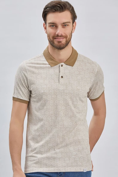 Koyu Vizon Baskılı Pike Polo Yaka Pamuklu Likralı Casual Slim Fit Dar Kesim Tişört 1011240158 - Resim 2