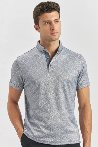 Koyu Lacivert Desenli Merserize Düğmeli Yaka Pamuklu Casual Slim Fit Dar Kesim Tişört 1011240163 ürün görseli