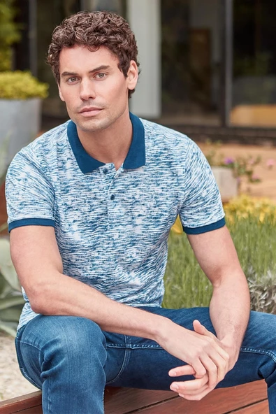 Lacivert Baskılı Pike Polo Yaka Garnili %100 Pamuk Casual Slim Fit Dar Kesim Tişört 1011240157