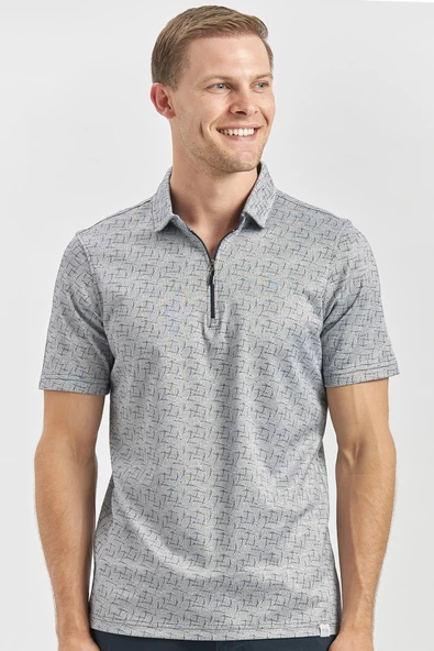 Koyu Lacivert Desenli Merserize Polo Yaka Pamuklu Casual Slim Fit Dar Kesim Tişört 1011240159 - Resim 3