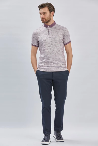 Lila Desenli Merserize Düğmeli Yaka Pamuklu Casual Slim Fit Dar Kesim Tişört 1011240160