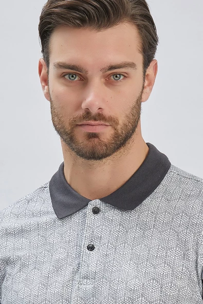 Koyu Antrasit Baskılı Pike Polo Yaka Pamuklu Likralı Casual Slim Fit Dar Kesim Tişört 1011240158 - Resim 6