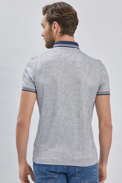 Koyu Lacivert Desenli Merserize Düğmeli Yaka Pamuklu Casual Slim Fit Dar Kesim Tişört 1011240161 - Resim 5