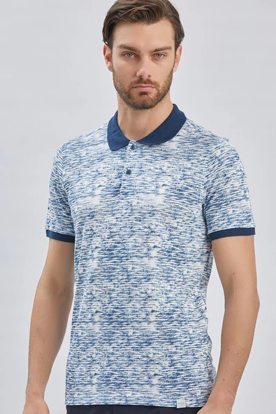 Lacivert Baskılı Pike Polo Yaka Garnili %100 Pamuk Casual Slim Fit Dar Kesim Tişört 1011240157 - Resim 3