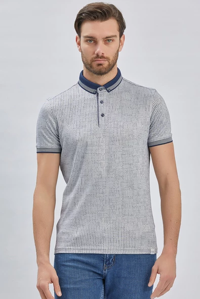 Koyu Lacivert Desenli Merserize Düğmeli Yaka Pamuklu Casual Slim Fit Dar Kesim Tişört 1011240161 - Resim 2