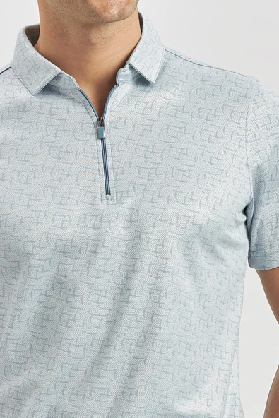 Koyu Mavi Desenli Merserize Polo Yaka Pamuklu Casual Slim Fit Dar Kesim Tişört 1011240159 - Resim 2