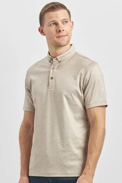 Bej Desenli Merserize Düğmeli Yaka Garnili Pamuklu Casual Slim Fit Dar Kesim Tişört 1011240164 ürün görseli