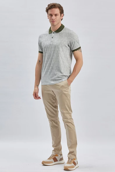 Koyu Haki Baskılı Pike Polo Yaka Pamuklu Likralı Casual Slim Fit Dar Kesim Tişört 1011240158