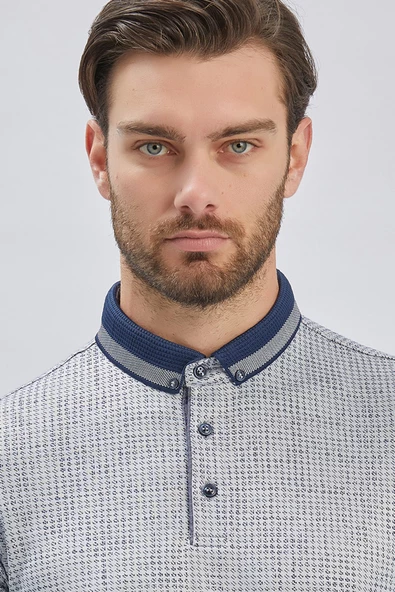 Koyu Lacivert Desenli Merserize Düğmeli Yaka Pamuklu Casual Slim Fit Dar Kesim Tişört 1011240161 - Resim 6