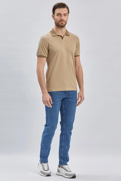 Bej Pike Polo Yaka %100 Pamuk Casual Slim Fit Dar Kesim Tişört 1011240155