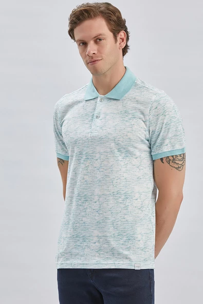 Koyu Mavi Baskılı Pike Polo Yaka Garnili %100 Pamuk Casual Slim Fit Dar Kesim Tişört 1011240157 - Resim 3