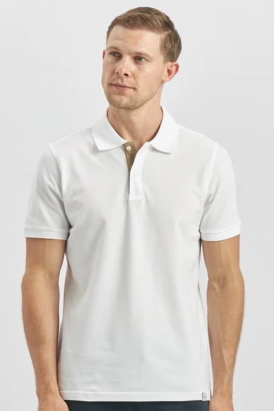 Beyaz Pike Polo Yaka Pamuklu Likralı Casual Slim Fit Dar Kesim Tişört 1011240186 - Resim 3