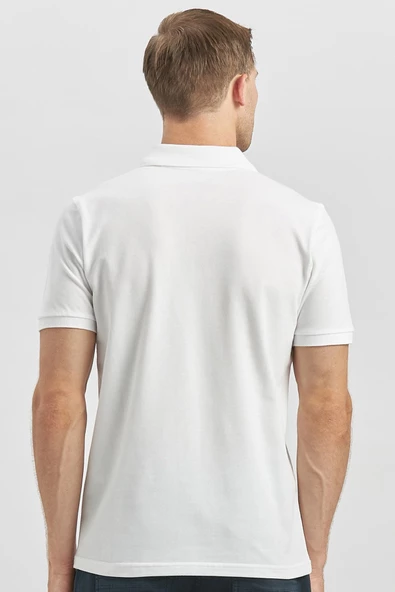 Beyaz Pike Polo Yaka Pamuklu Likralı Casual Slim Fit Dar Kesim Tişört 1011240186 - Resim 6