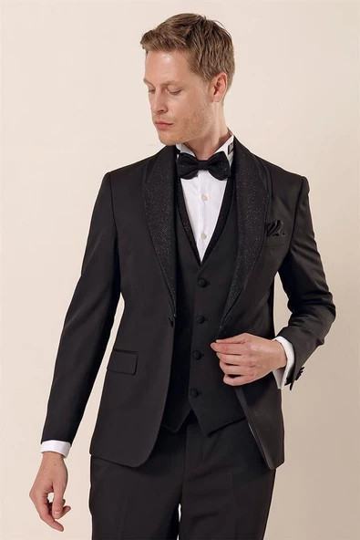 Siyah Desenli Çıkarılabilir Şal Yaka Yelekli 6 Drop Slim Fit Smokin Damatlık Takım 1001230210 - Resim 3