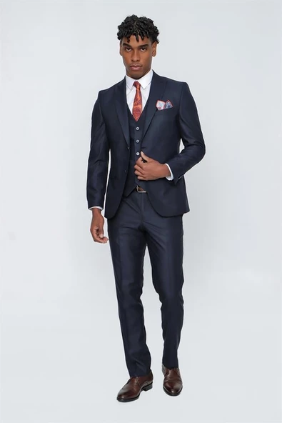Koyu Lacivert Gabardin Kırlangıç Yaka Yelekli 6 Drop Slim Fit Takım Elbise 1001225176 - 2