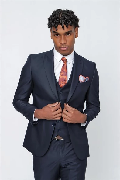 Koyu Lacivert Gabardin Kırlangıç Yaka Yelekli 6 Drop Slim Fit Takım Elbise 1001225176 - 4