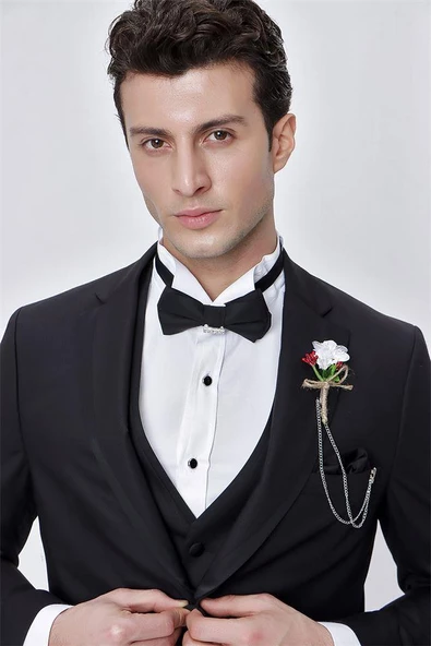 Siyah Armürlü Çıkarılabilir Mono Yaka Yelekli 6 Drop Slim Fit Smokin Damatlık 1001225202 - Resim 10