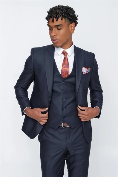 Koyu Lacivert Gabardin Kırlangıç Yaka Yelekli 6 Drop Slim Fit Takım Elbise 1001225176 - 3