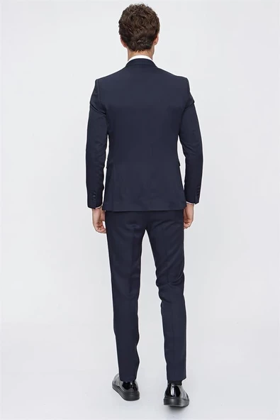 Koyu Lacivert Armürlü Kırlangıç Yaka Astarlı Yelekli 6 Drop Slim Fit Smokin Damatlık 1001220203 - Resim 4