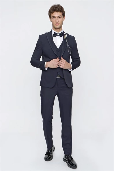 Koyu Lacivert Armürlü Kırlangıç Yaka Astarlı Yelekli 6 Drop Slim Fit Smokin Damatlık 1001220203 - Resim 2