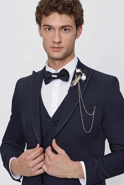 Koyu Lacivert Armürlü Kırlangıç Yaka Astarlı Yelekli 6 Drop Slim Fit Smokin Damatlık 1001220203 - Resim 3