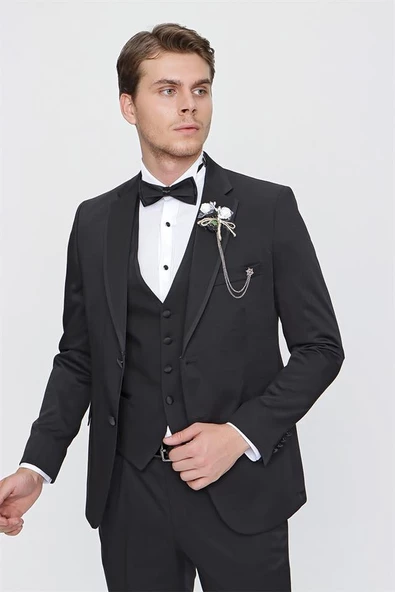 Siyah Armürlü Mono Yaka Astarlı Yelekli 6 Drop Slim Fit Smokin Damatlık 1001220201 ürün görseli 1
