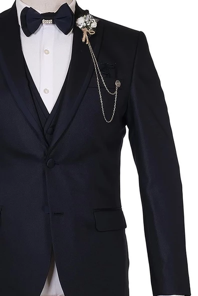 Koyu Lacivert Armürlü Mono Yaka Astarlı Yelekli 6 Drop Slim Fit Smokin Damatlık 1001215300 - Resim 3