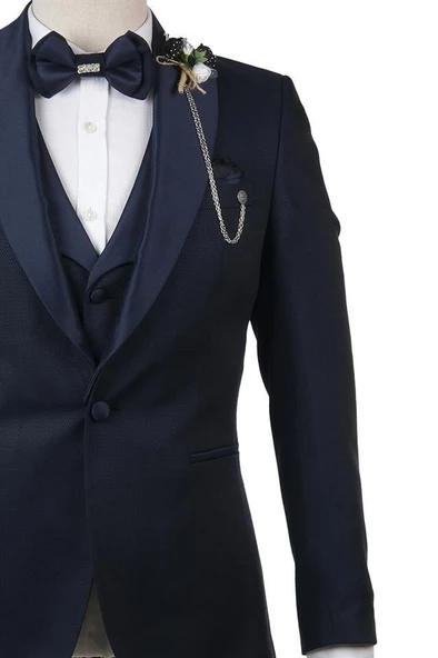 Lacivert Desenli Şal Yaka Astarlı Yelekli 6 Drop Slim Fit Dar Kesim Smokin Damatlık 1001210103 - Resim 2