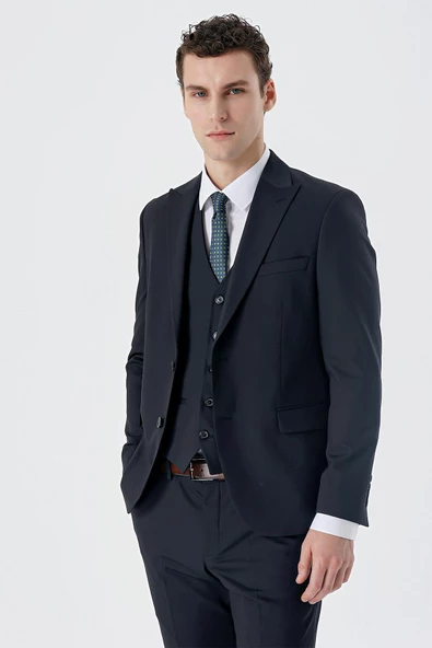 Koyu Lacivert Kırlangıç Yaka Yelekli Likralı 6 Drop Slim Fit Klasik Takım Elbise 1001240150 - 3