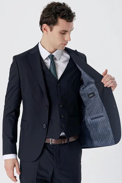 Koyu Lacivert Kırlangıç Yaka Yelekli Likralı 6 Drop Slim Fit Klasik Takım Elbise 1001240150 - 2