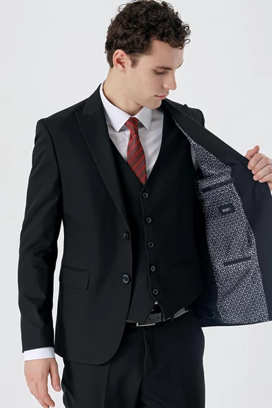 Siyah Armürlü Kırlangıç Yaka Yelekli Likralı 6 Drop Slim Fit Klasik Takım Elbise 1001240150 - 5