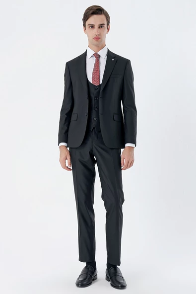 Siyah Mono Yaka Çift Yırtmaç Yelekli 6 Drop Slim Fit Dar Kesim Basic Takım Elbise 1001240186 - Resim 4