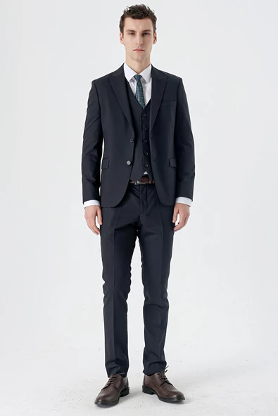 Koyu Lacivert Kırlangıç Yaka Yelekli Likralı 6 Drop Slim Fit Klasik Takım Elbise 1001240150 - 4