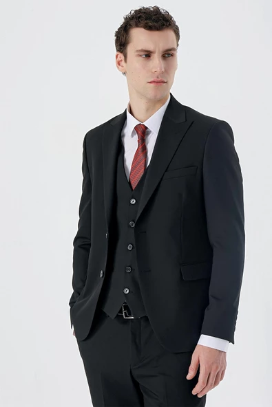 Siyah Armürlü Kırlangıç Yaka Yelekli Likralı 6 Drop Slim Fit Klasik Takım Elbise 1001240150 - 2