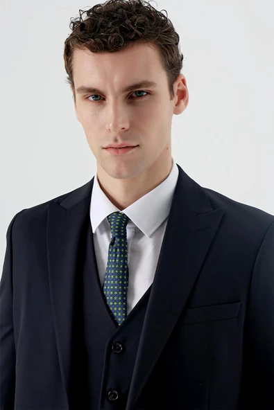 Koyu Lacivert Kırlangıç Yaka Yelekli Likralı 6 Drop Slim Fit Klasik Takım Elbise 1001240150 - 6