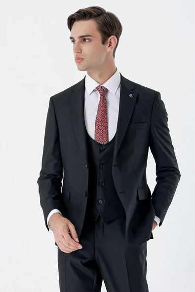 Siyah Mono Yaka Çift Yırtmaç Yelekli 6 Drop Slim Fit Dar Kesim Basic Takım Elbise 1001240186 - Resim 2