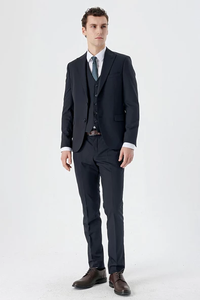 Koyu Lacivert Kırlangıç Yaka Yelekli Likralı 6 Drop Slim Fit Klasik Takım Elbise 1001240150 - 5