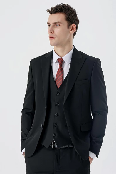 Siyah Armürlü Kırlangıç Yaka Yelekli Likralı 6 Drop Slim Fit Klasik Takım Elbise 1001240150 - 3