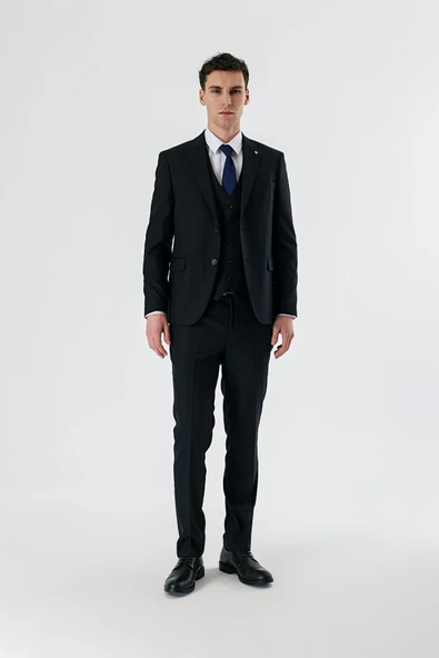 Siyah Kırlangıç Yaka Yelekli 6 Drop Slim Fit Dar Kesim Klasik Takım Elbise 1001235165 - 5
