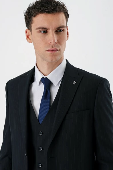 Siyah Kırlangıç Yaka Yelekli 6 Drop Slim Fit Dar Kesim Klasik Takım Elbise 1001235165 - 7