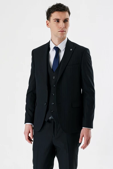 Siyah Kırlangıç Yaka Yelekli 6 Drop Slim Fit Dar Kesim Klasik Takım Elbise 1001235165 - 2