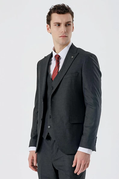 Koyu Antrasit Kırlangıç Yaka Yelekli 6 Drop Slim Fit Dar Kesim Klasik Takım Elbise 1001235164 - Resim 3
